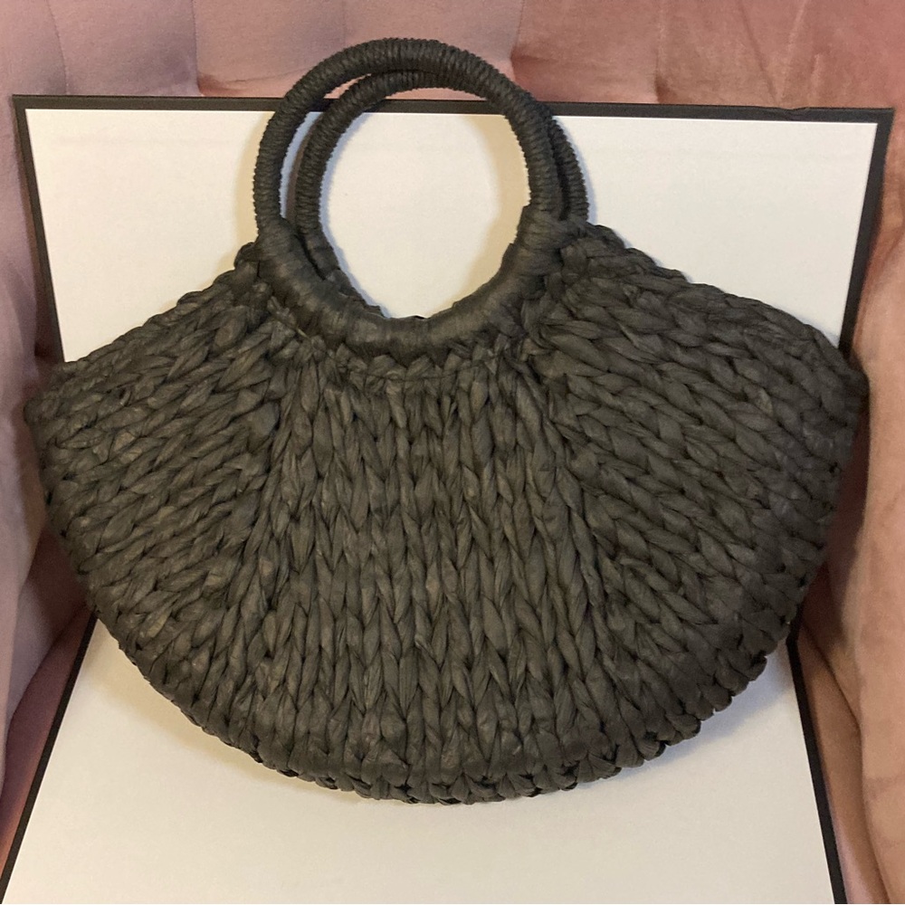 Woven Round-Handle Tote Bag - Black